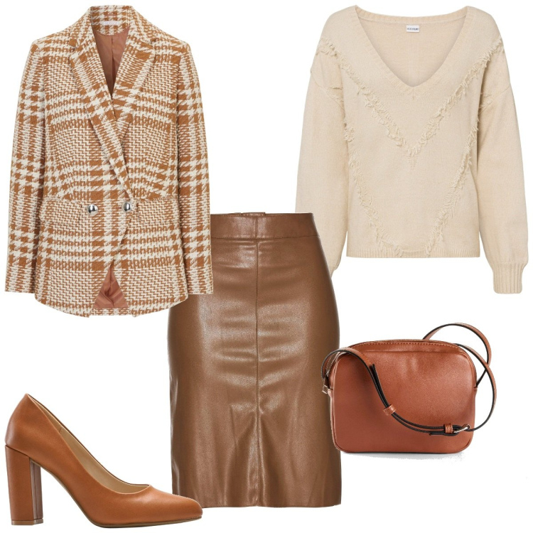 Outfit femme - Choco caramel. Style Tendance pour Bureau. Assortir avec sacs en bandoulière, jupes, blazers, pulls, chaussures à talon.