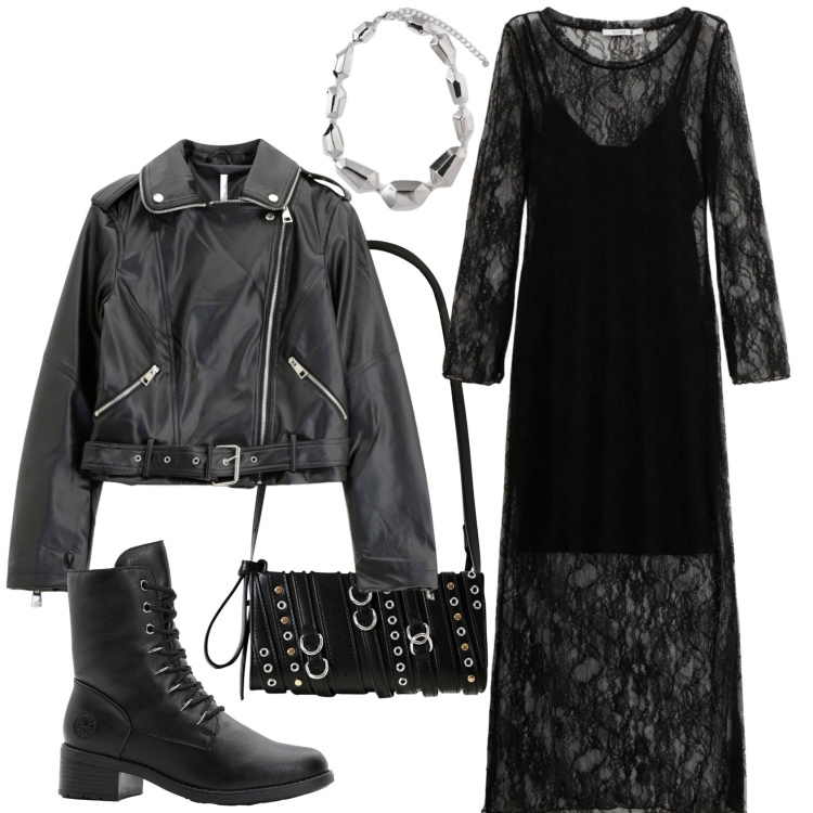 Outfit donna - Casual e rock ad Halloween. Stile Rock per Serata fuori. Abbinamento con stivaletti, vestiti lunghi, borse a spalla, giacche, ciondoli.