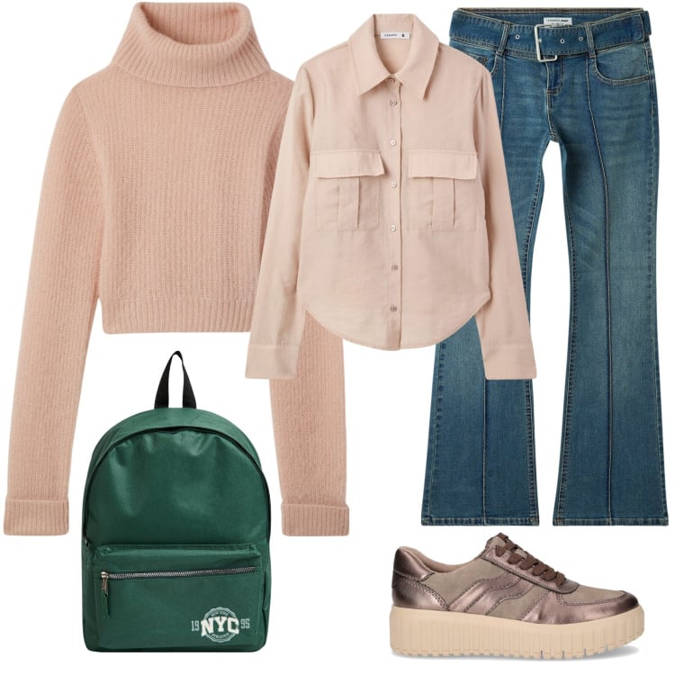 Outfit donna - Caldo maglione cozy. Stile Casual per Scuola/Università. Abbinamento con maglieria, jeans a zampa, camicie, zaini, sneakers.