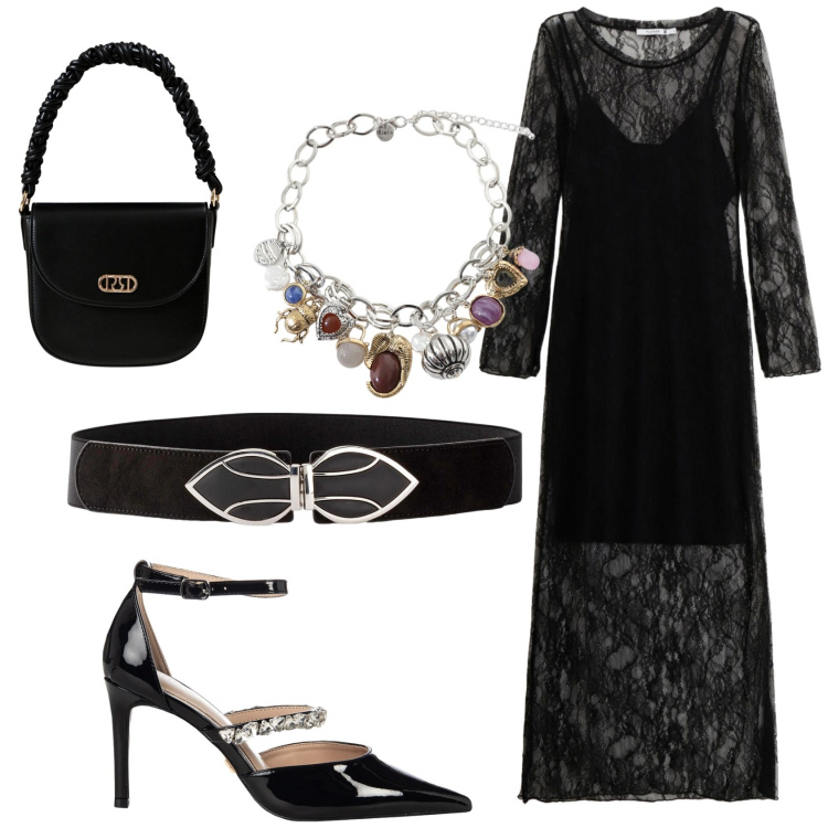 Outfit donna - Romanticismo dark. Stile Romantica per Serata fuori. Abbinamento con cinture, vestiti lunghi, braccialetti con ciondoli, borse a mano, décolleté.