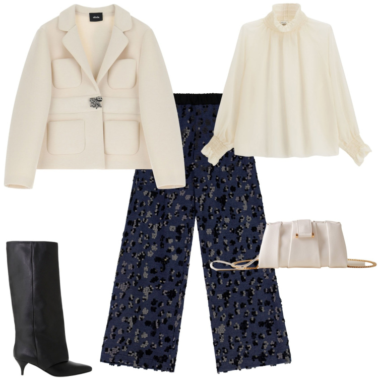 Outfit donna - Glamour serata evento cerimonia. Stile Glamour per Serata fuori. Abbinamento con blazer, pantaloni a palazzo, camicie, stivali, pochette.