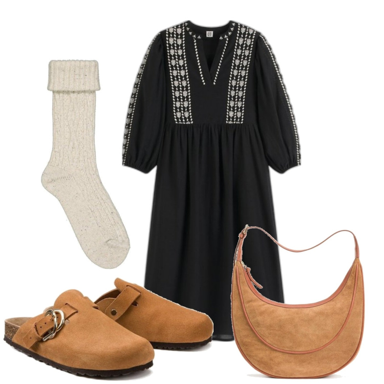 Outfit mujer - Boho #2540. Estilo Boho para Todos los días. Combinación con bolsos de mano, zuecos, calcetines, vestidos largos.