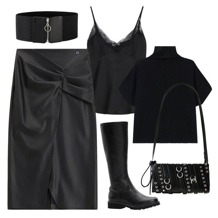 Outfit donna - Dark chic!. Stile Trendy per Serata fuori. Abbinamento con cinture, stivali, top, gonne longuette, borse a spalla, maglieria.
