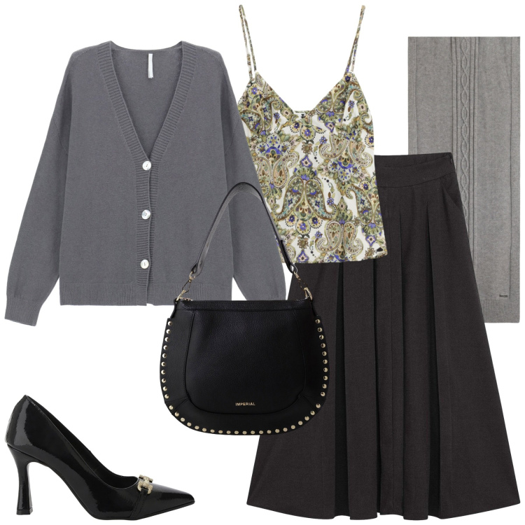 Outfit donna - Il cardigan in ufficio. Stile Casual chic per Ufficio. Abbinamento con gonne longuette, top, décolleté, cardigans, borse a spalla, sciarpe.