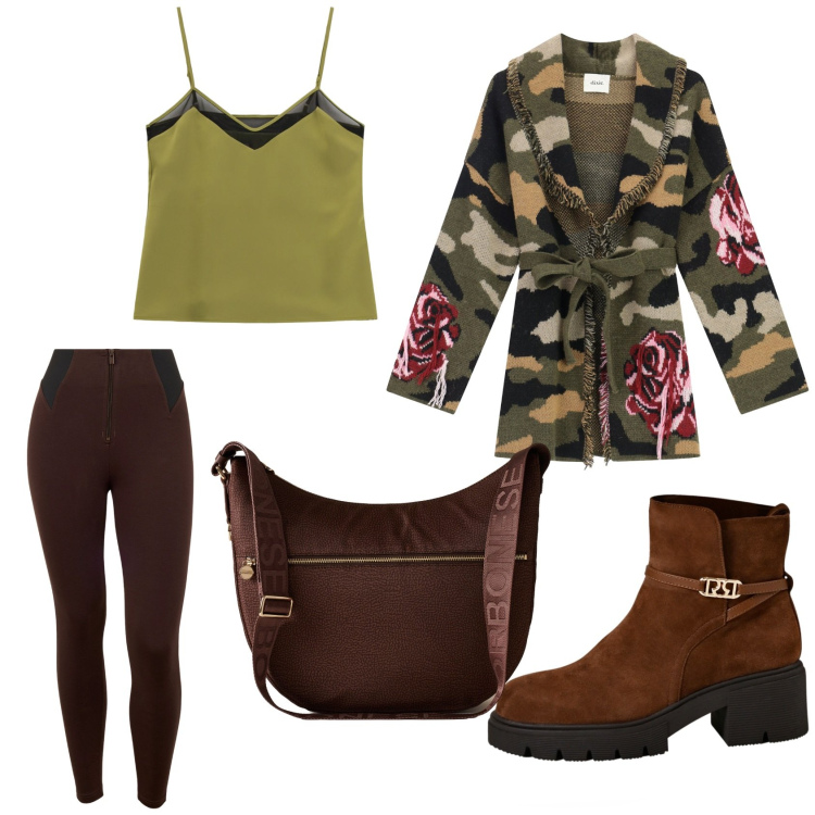 Outfit donna - Il cardigan militare. Stile Casual per Tutti i giorni. Abbinamento con cardigans, borse a spalla, stivaletti, top, pantaloni skinny.