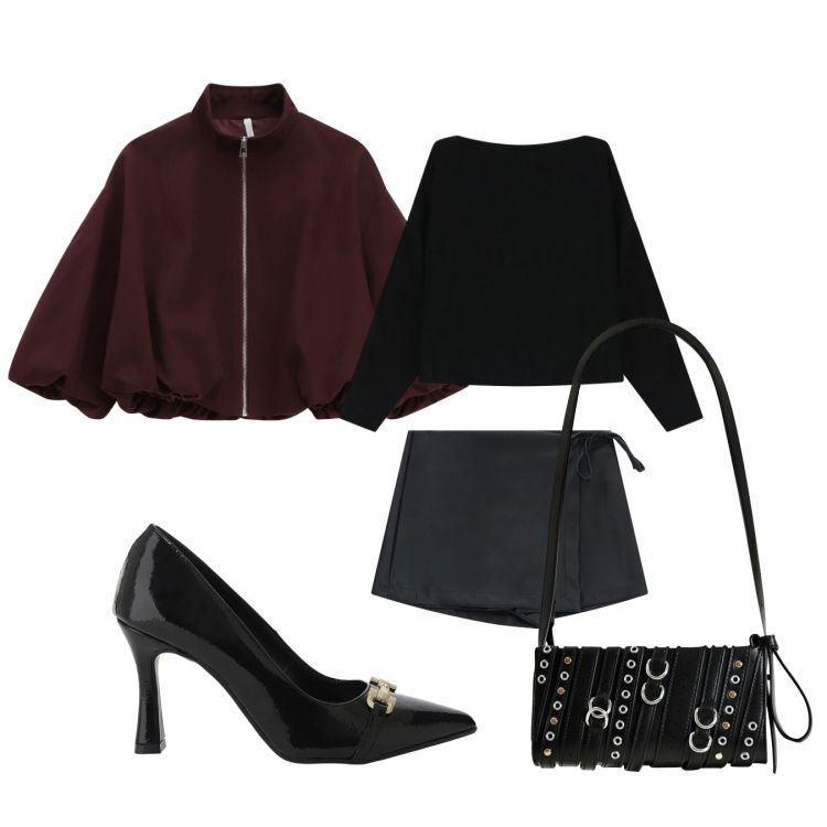 Outfit donna - Contrasti di Halloween. Stile Casual chic per Serata fuori. Abbinamento con minigonne, t-shirt, borse a spalla, décolleté, bomber.