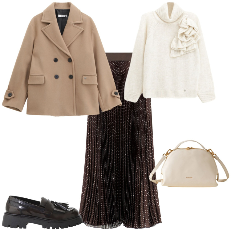 Outfit donna - Total look #2270062. Stile Casual chic per Tutti i giorni. Abbinamento con cappotti, maglieria, gonne lunghe, mocassini, borse a mano.