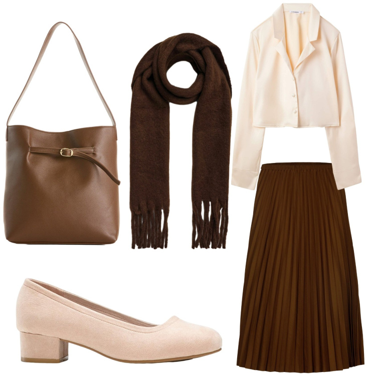 Outfit donna - Marrone cioccolato. Stile Chic per Ufficio. Abbinamento con décolleté, borse a mano, camicie, sciarpe, gonne longuette.