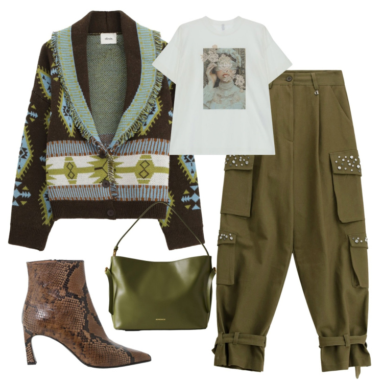 Outfit donna - Mi metto il cardigan!. Stile Trendy per Tutti i giorni. Abbinamento con t-shirt, pantaloni cargo, cardigans, stivaletti, borse a mano.