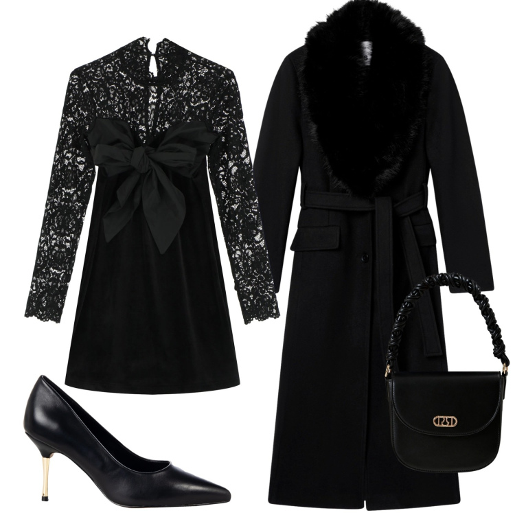 Outfit donna - Elegante nero ad Halloween. Stile Chic per Serata fuori. Abbinamento con cappotti, décolleté, borse a mano, vestiti corti.