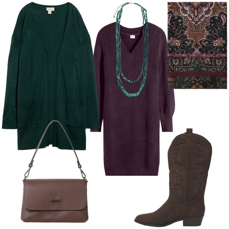 Outfit donna - Total look #2270070. Stile Chic per Tutti i giorni. Abbinamento con cardigans, vestiti, stivaletti texani, borse a tracolla, foulard, collane.