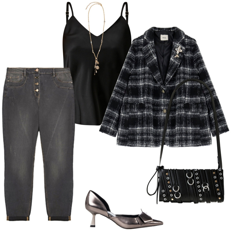 Outfit donna - Serata fuori. per Serata fuori. Abbinamento con top, décolleté, borse a spalla, blazer, jeans, ciondoli.