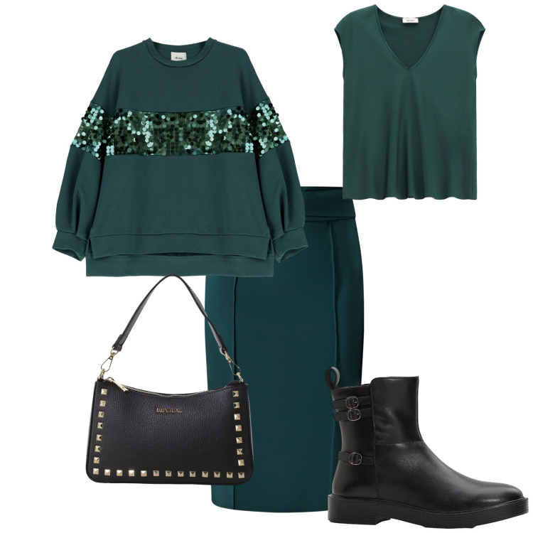 Outfit donna - Total look #2270076. Stile Casual chic per Tutti i giorni. Abbinamento con stivaletti, felpe, top, gonne, pochette.