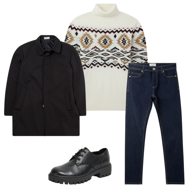 Outfit uomo - Total look #2270078. Stile Trendy per Tutti i giorni. Abbinamento con maglieria, scarpe stringate, jeans skinny, eskimo.