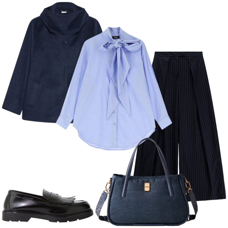 Outfit donna - Blu notte. Stile Basic per Serata fuori. Abbinamento con mocassini, camicie, pantaloni a palazzo, shopping bag, caban.