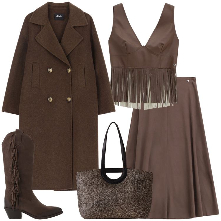 Outfit donna - A tutte frange!. Stile Boho per Tutti i giorni. Abbinamento con top, gonne longuette, stivali, cappotti, shopping bag.