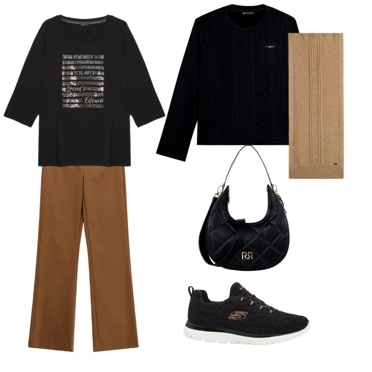 Outfit donna - Comoda. Stile Casual chic per Tutti i giorni. Abbinamento con sneakers, borse a tracolla, pantaloni, sciarpe, felpe, t-shirt.