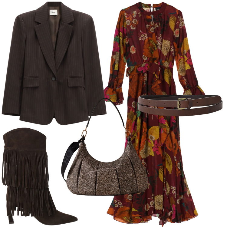 Outfit donna - Un dolce foliage autunnale. Stile Boho per Tutti i giorni. Abbinamento con vestiti lunghi, cinture, blazer, stivali, borse a spalla.