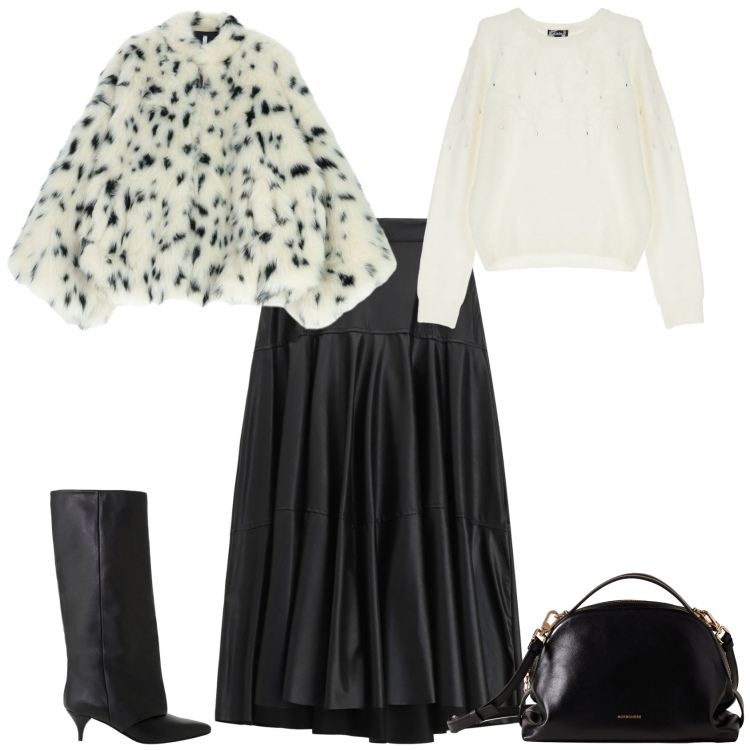 Outfit donna - Evento serata cerimonia. Stile Chic per Serata fuori. Abbinamento con borse a mano, ecopellicce, gonne lunghe, maglieria, stivali.