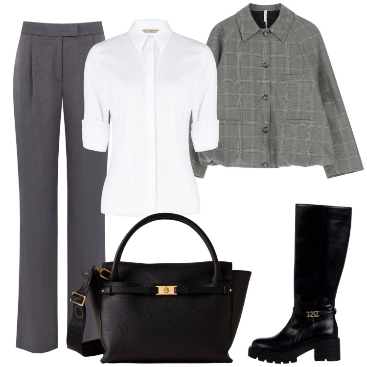 Outfit donna - Mattina al lavoro. Stile Basic per Ufficio. Abbinamento con stivali sopra il ginocchio, camicie, pantaloni, blazer, borse a mano.