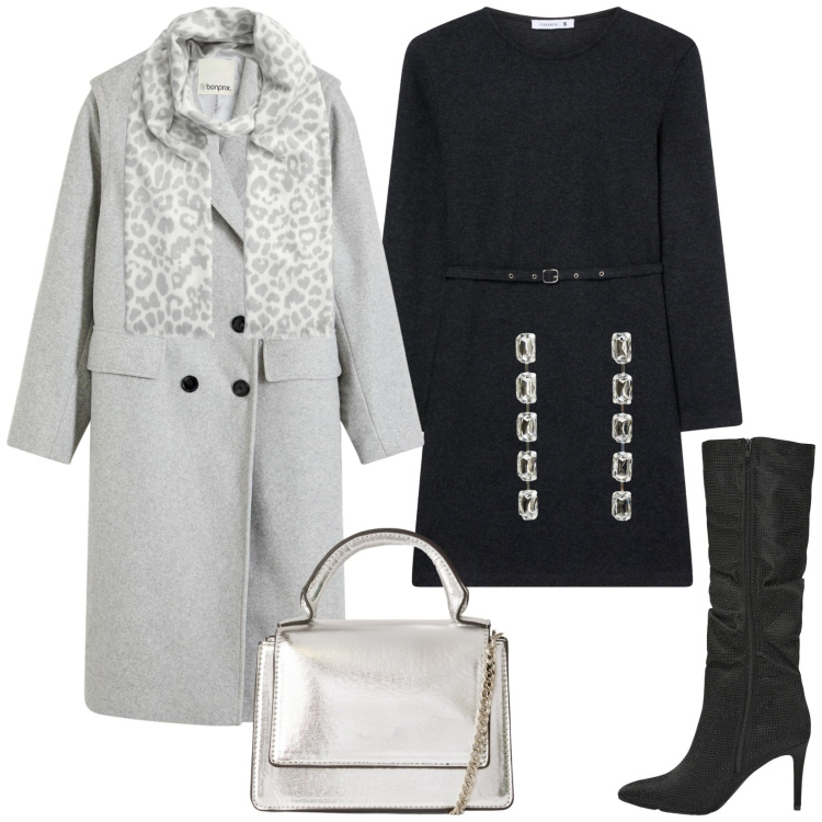 Outfit donna - Total look #2270093. Stile Glamour per Serata fuori. Abbinamento con cappotti, orecchini, borse a tracolla, stivali, sciarpe, vestiti midi/longuette.