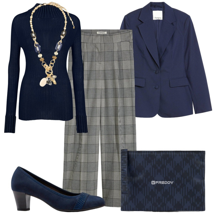 Outfit donna - Aperitivando. Stile Basic per Serata fuori. Abbinamento con décolleté, pantaloni, blazer, clutch, maglieria, collane.