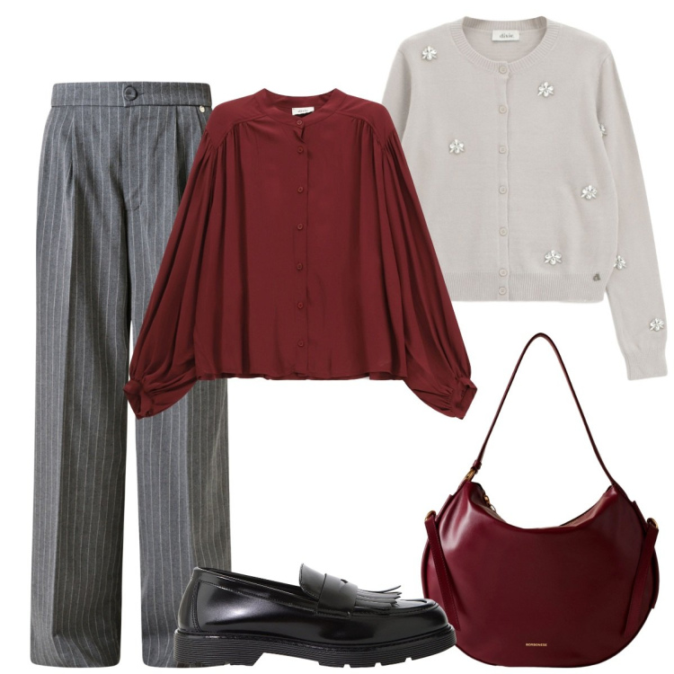 Outfit donna - Rosso di sera. Stile Basic per Serata fuori. Abbinamento con cardigans, camicie, mocassini, borse a spalla, pantaloni.