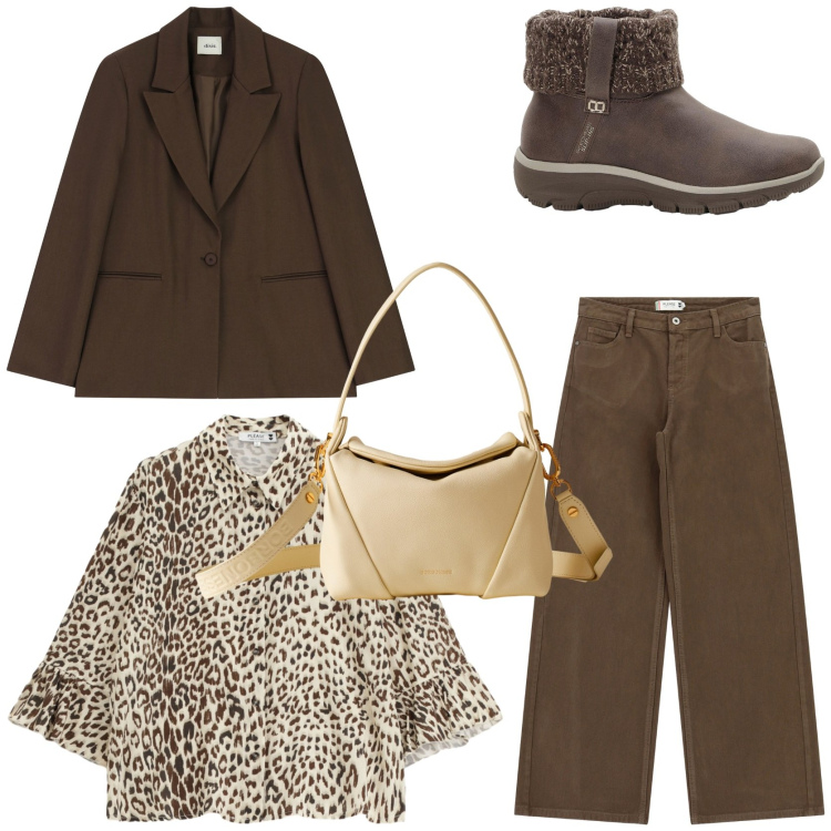 Outfit donna - Choco fan. Stile Casual chic per Tutti i giorni. Abbinamento con stivaletti, camicie, pantaloni a palazzo, blazer, borse a spalla.