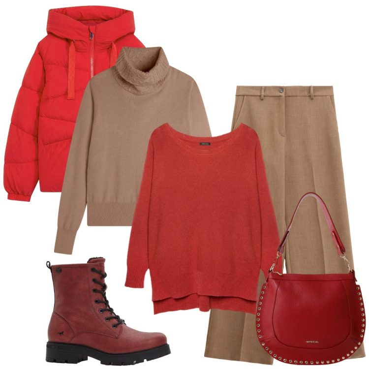 Outfit donna - Giornata montagna. Stile Basic per Tutti i giorni. Abbinamento con giacche, stivaletti, pantaloni, borse a spalla, maglieria, pullovers.
