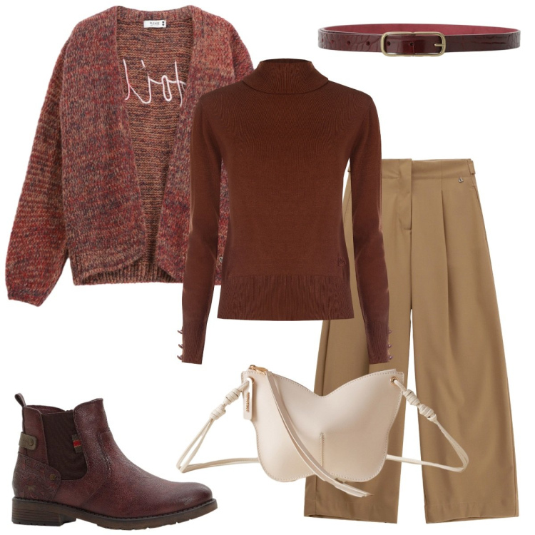 Outfit donna - Giornata libera. Stile Basic per Tutti i giorni. Abbinamento con stivaletti chelsea, cardigans, cinture, pantaloni a palazzo, borse a tracolla, maglieria.