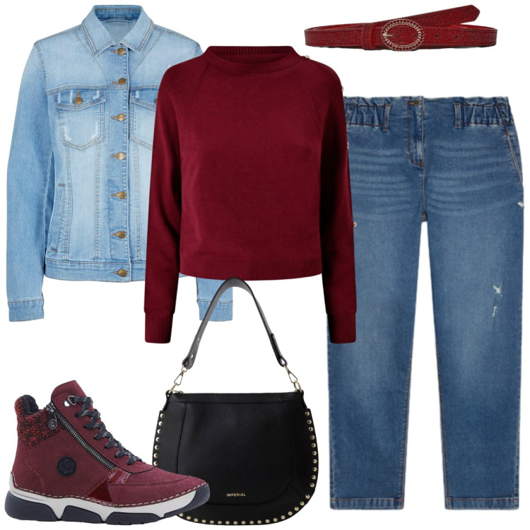 Outfit donna - Il giubbino di jeans. Stile Basic per Tutti i giorni. Abbinamento con blazer, stivaletti, cinture, maglieria, borse a spalla, jeans strappati.