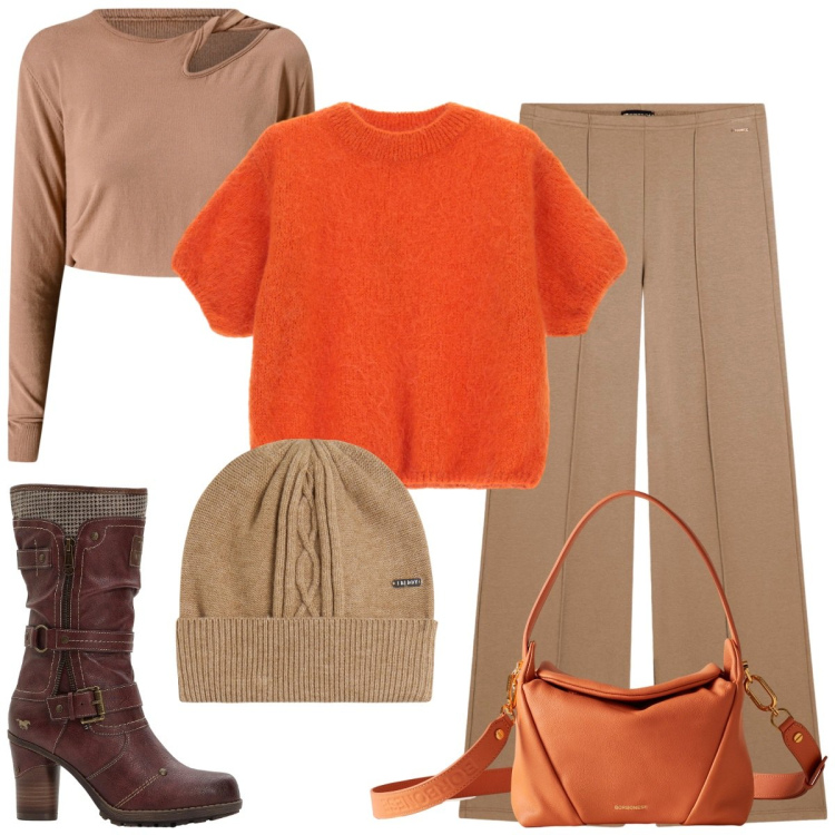 Outfit donna - Vado a fare compere. Stile Basic per Tutti i giorni. Abbinamento con stivali, borse a spalla, maglieria, maglieria, pantaloni, berretti.