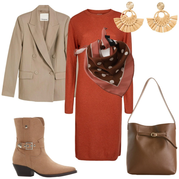 Outfit donna - Mattina in centro. Stile Basic per Tutti i giorni. Abbinamento con blazer, orecchini, stivaletti texani, borse a mano, foulard, vestiti midi/longuette.