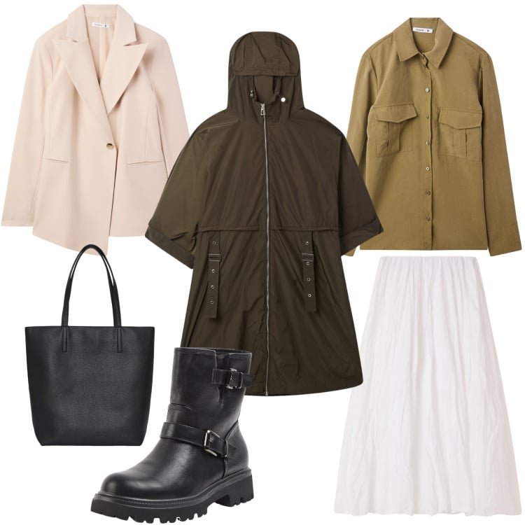 Outfit donna - Basic ma chic. Stile Casual chic per Tutti i giorni. Abbinamento con trench, blazer, stivaletti, camicie, gonne lunghe, borse tote.