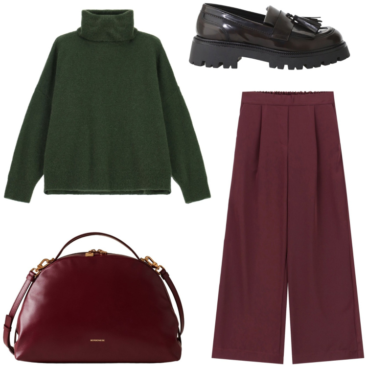 Outfit donna - Verde scuro e borgogna look vincente. Stile Urban per Tutti i giorni. Abbinamento con maglieria, pantaloni a palazzo, mocassini, borse a mano.