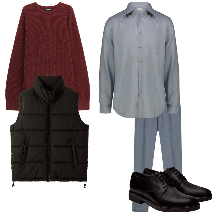 Outfit uomo - Urban look. Stile Trendy per Ufficio. Abbinamento con piumini, maglieria, scarpe stringate, camicie, pantaloni.