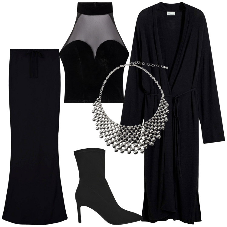 Outfit donna - Spooky Halloween. Stile Glamour per Serata fuori. Abbinamento con cappotti, gonne lunghe, stivali, top, collane.