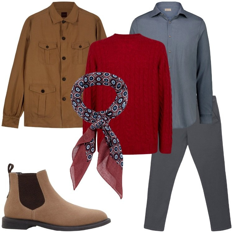 Outfit uomo - Tono su tono autunnale. Stile Casual per Tutti i giorni. Abbinamento con stivali e stivaletti, pantaloni chino, maglieria, camicie, cappotti, sciarpe e foulard.