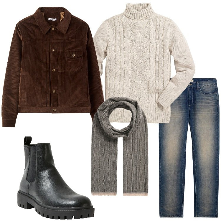 Outfit uomo - Il ritorno del velluto. Stile Trendy per Tutti i giorni. Abbinamento con maglieria, jeans dritti, stivali e stivaletti, sciarpe, cappotti.