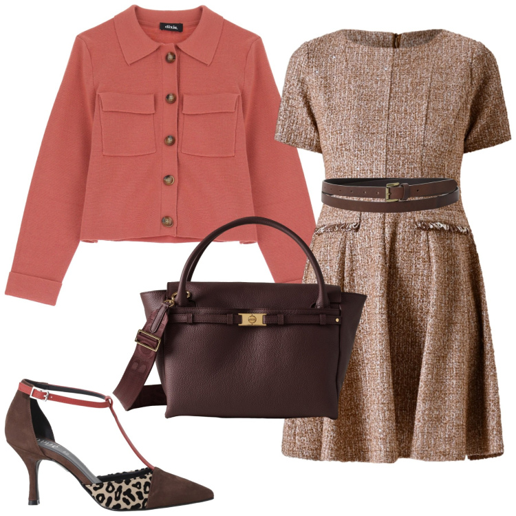 Outfit donna - Mi metto il cardigan. Stile Casual chic per Ufficio. Abbinamento con cinture, décolleté, cardigans, borse a mano, vestiti corti.