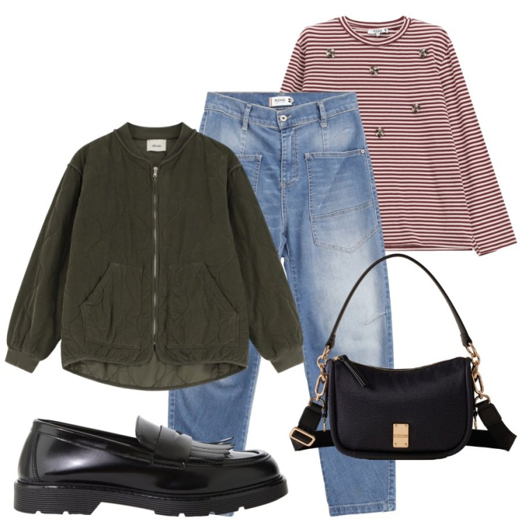 Outfit donna - Autunno chic. Stile Chic per Tutti i giorni. Abbinamento con jeans, t-shirt, mocassini, giacche, borse a spalla.