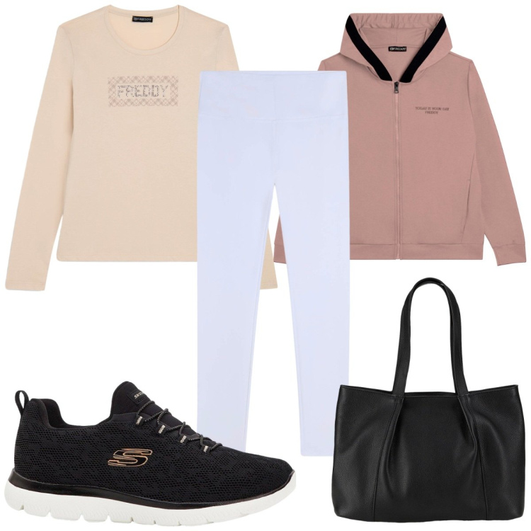 Outfit donna - Total look #2270126. Stile Basic per Tutti i giorni. Abbinamento con sneakers, shopping bag, t-shirt, felpe con cappuccio, leggings.