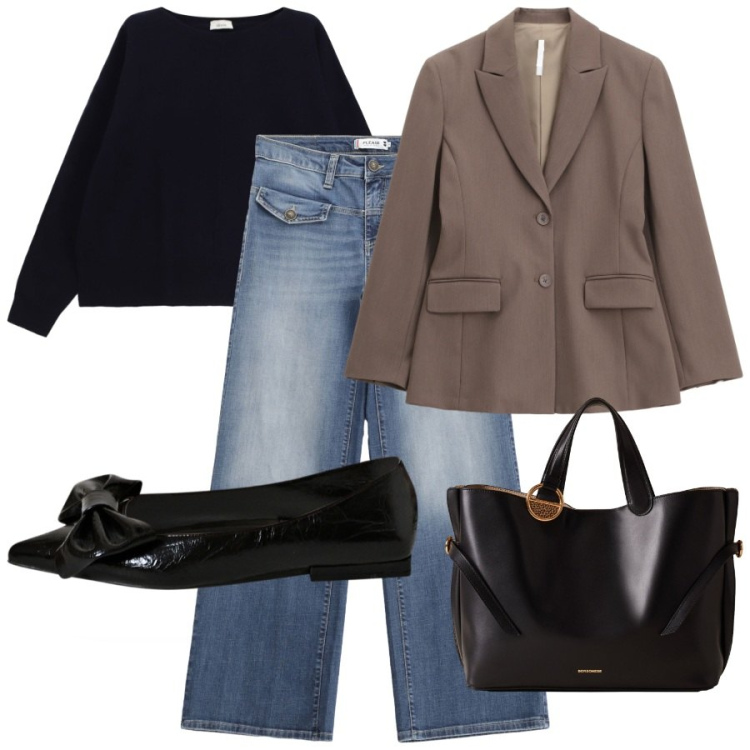 Outfit donna - Il jeans in autunno. Stile Chic per Tutti i giorni. Abbinamento con ballerine, jeans, blazer, maglieria, shopping bag.