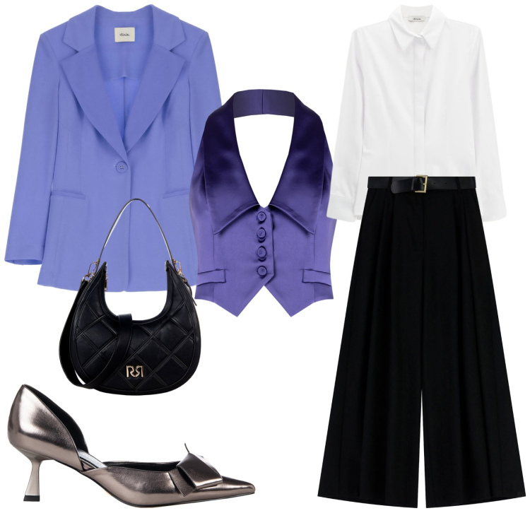 Outfit donna - Total look #2270136. Stile Chic per Serata fuori. Abbinamento con camicie, blazer, borse a tracolla, décolleté, gilet, pantaloni a palazzo.