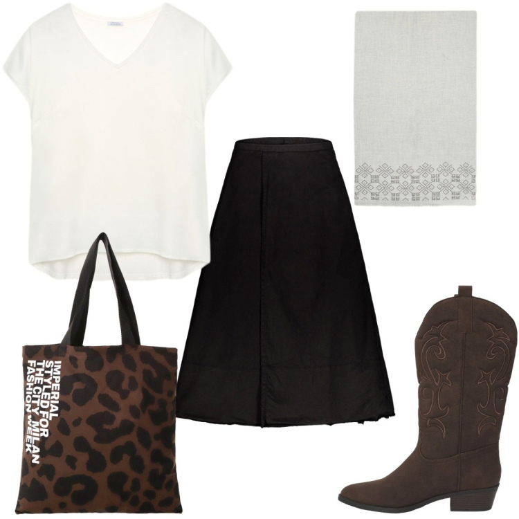 Outfit donna - Total look #2270138. Stile Trendy per Tutti i giorni. Abbinamento con stivaletti texani, shopping bag, gonne lunghe, bluse, sciarpe.