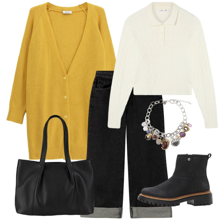 Outfit donna - Un tocco di senape. Stile Vintage retrò per Tutti i giorni. Abbinamento con stivaletti, shopping bag, polo, jeans dritti, braccialetti con ciondoli, cardigans.