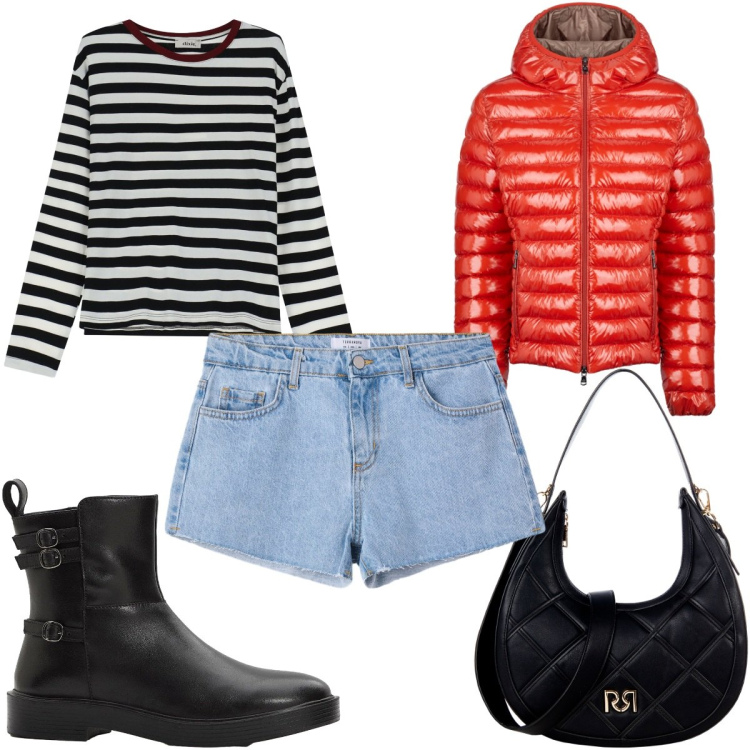 Outfit donna - Total look #2270145. Stile Trendy per Tutti i giorni. Abbinamento con stivaletti, shorts, t-shirt, blazer, borse a tracolla.