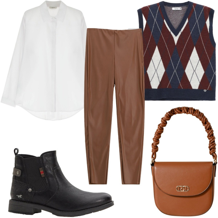 Outfit donna - Total look #2270187. Stile Preppy per Ufficio. Abbinamento con stivaletti chelsea, gilet, camicie, pantaloni skinny, borse a mano.