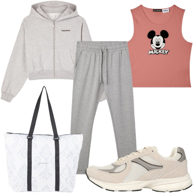 Outfit donna - Total look #2270224. Stile Basic per Sport. Abbinamento con pantaloni, felpe con cappuccio, sneakers, shopping bag, canottiere.