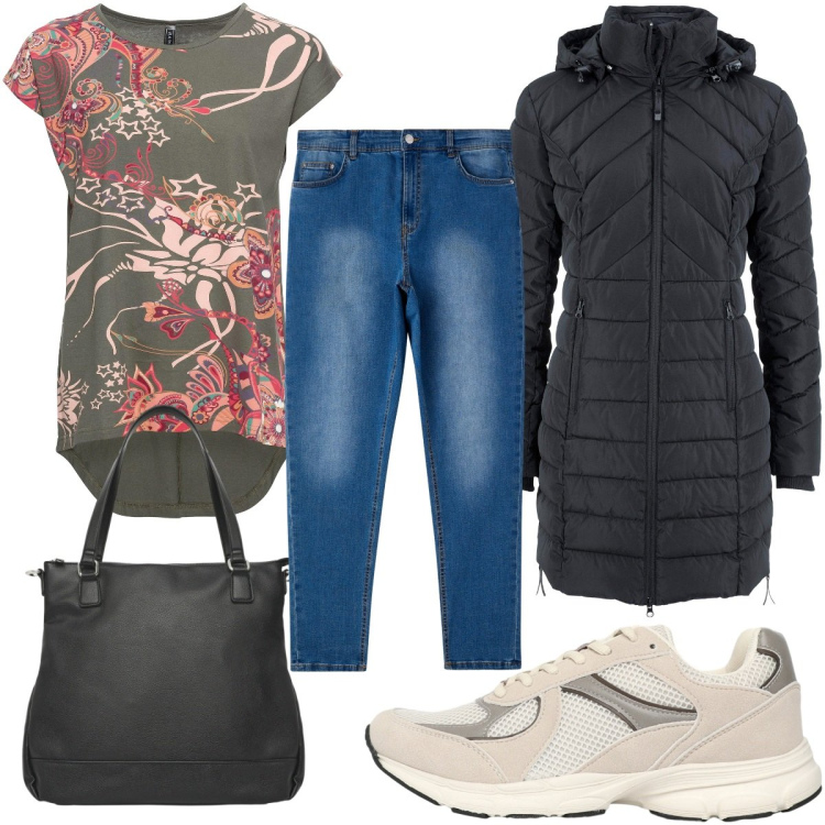 Outfit donna - Total look #2270251. Stile Trendy per Tutti i giorni. Abbinamento con maglieria, blazer, shopping bag, sneakers, jeans skinny.